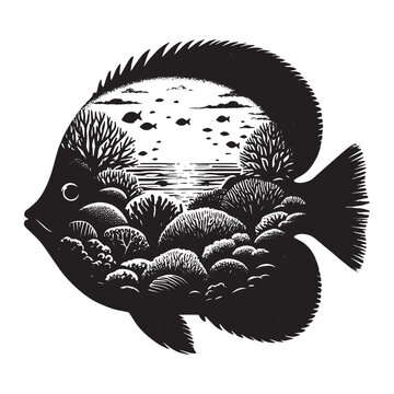 recommend clip art: silhouette of Sunfish filled with underwater view with coral in rough drawing