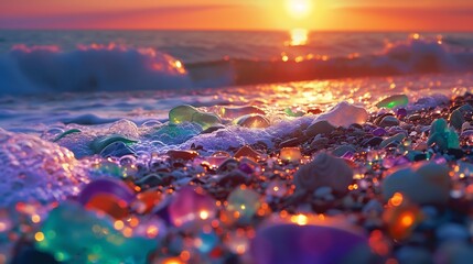 Obraz premium Natural polish textured sea glass and stones on the seashore. Azure clear sea water with waves. Green, blue shiny glass with multi-colored sea pebbles close-up. Beach summer background.