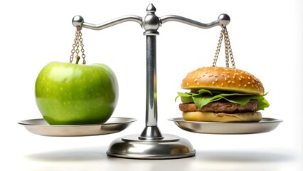 Nutritional Balance: A Comparative Study. a balanced scale with a green apple on one side and a hamburger on the other, symbolizing concept of dietary choices.
