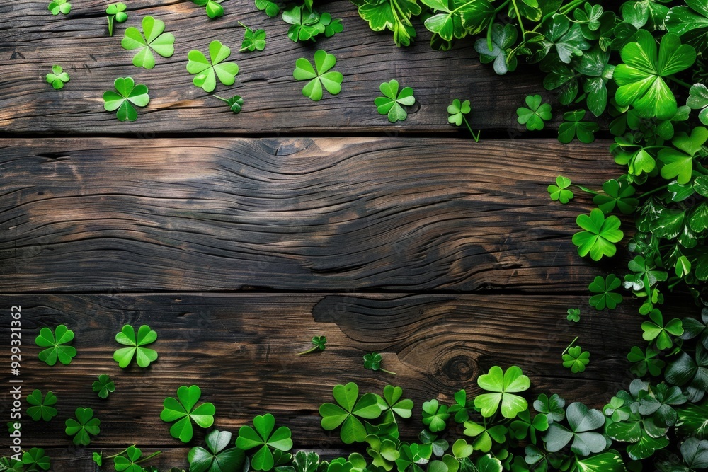 Poster a wooden surface covered in various types of green plants, perfect for using as a background or addi