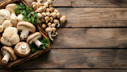 Wicker tray with variety of raw mushrooms on wooden table