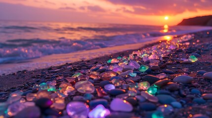  Natural polish textured sea glass and stones on the seashore. Azure clear sea water with waves. Green, blue shiny glass with multi-colored sea pebbles close-up. Beach summer background.