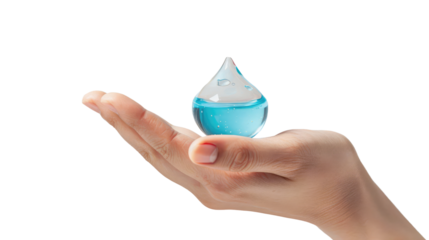 Hand with blue drop of alcohol gel isolated on white