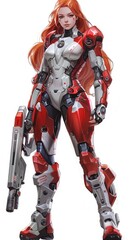 Powerful female android in futuristic armor showing off advanced technology and metal exoskeleton standing in heroic pose against white background.