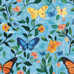 Fototapeta premium Seamless pattern with butterflies and flowers on a light blue background. The colorful design includes various species of butterflies and delicate floral elements.