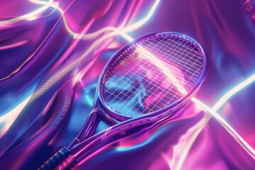 A close-up shot of a tennis racket lying on a shiny surface, perfect for sports-themed designs and ads