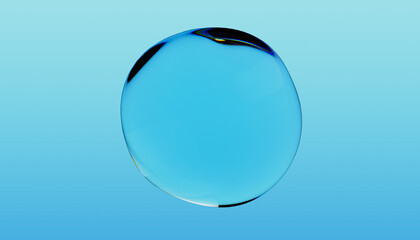 Abstract water bubble on blue background. Blue distorted droplet floating, Purity concept. 3d render illustration