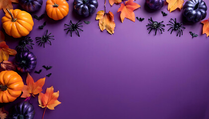 Fototapeta premium halloween background purple hues pumpkins bats spiders autumn leaves space text
