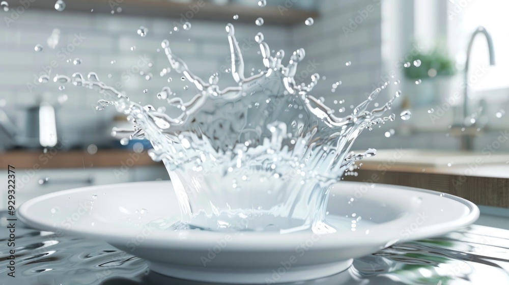Poster A close-up view of a white bowl with water overflowing and splashing out
