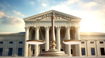 Obraz premium Justice Scales Banner with Courthouse: A Powerful Representation of Legal Fairness and Financial Protection in Business Affairs.