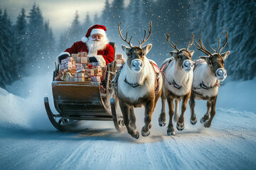 Santa Claus riding sleigh with reindeer in snowy forest