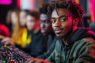 Obraz premium A group of young people attending a music production class, learning to create beats and record tracks.