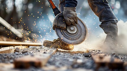 The process of repairing a road with a grinder, construction workers breaking asphalt and concrete pavement at a construction site, during new road work