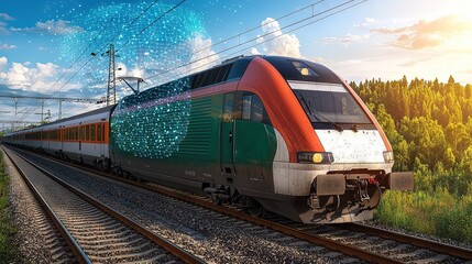 Naklejka premium A green and orange train glides smoothly along train tracks beside a dense green forest beneath a bright blue sky with fluffy white clouds