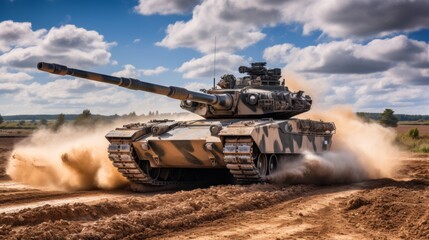 Camouflaged Tank Speeding Desert With