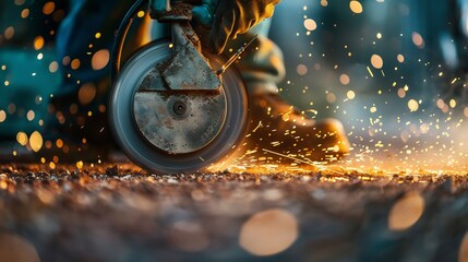 The process of repairing a road with a grinder, construction workers breaking asphalt and concrete pavement at a construction site, during new road work