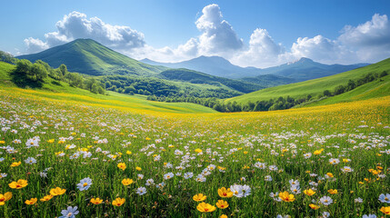 Obraz premium A vibrant flower meadow in full bloom with mountains in the background under a bright blue sky, perfect for nature and summer designs.