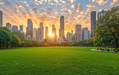 Obraz premium A vibrant green lawn in a city park with towering skyscrapers at sunrise. Ideal for urban, architecture, or nature designs.