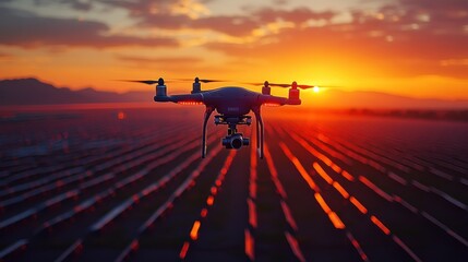 Drone Flying at Sunset over Solar Panels