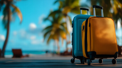 Two suitcases on a tropical beach boardwalk. Palm trees and a blue ocean blur in the background.  AI generated