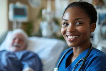 Fototapeta premium Smiling Young African Female Nurse in Scrubs Providing Care to Elderly Patient in Hospital Room