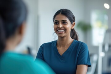 Fototapeta premium Smiling Young South Asian Female Nurse in Scrubs Engaging with Patient in Modern Healthcare Setting - Medical Consultation