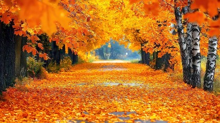 Fototapeta premium A road with leaves scattered along its path and trees lining its sides