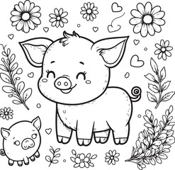 A pig line art coloring book illustration