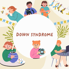 Naklejka premium Down syndrome day social media post flat hand drawn templates round, circle background vector illustration with children.