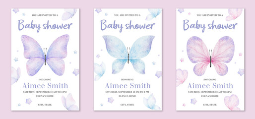 Set of baby shower watercolor invitation card with butterflies and stars. New born celebration. Layouts of a children's birthday postcard. Templates of newborn's party invitation.