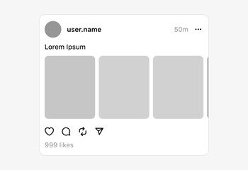 social media post mockup vector. social media carousel post template photos frame, feed web post mock up. mobile app interface template. notification icons ; like, comment, share icons