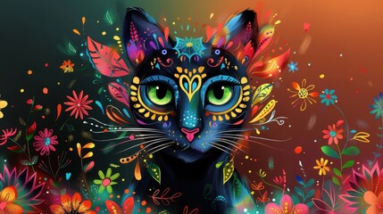 Fototapeta premium Colorful black cat surrounded by vibrant flowers and foliage in a whimsical artistic portrayal