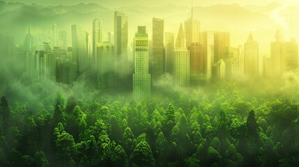 Urban forest with skyscrapers and morning mist in a green cityscape at dawn
