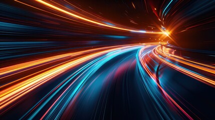 Obraz premium Abstract light trails create vibrant patterns on a dark road at night