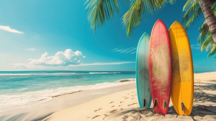 Colorful surfboards on a sandy beach under palm trees during a sunny day
