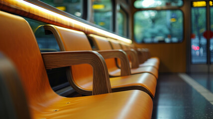 Empty orange seats in a modern public transport train carriage.