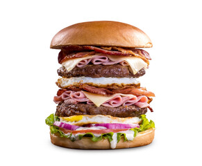 Giant Double Super Burger with Eggs, Cheese, Ham, and Bacon.