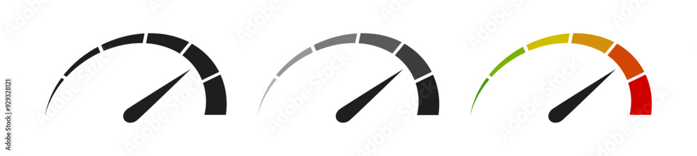 Aufkleber Speedometer icon, tachometer icon. Speed indicator icon set. Rating meter signs performance concept. Dashboard level scale icon. vector illustration