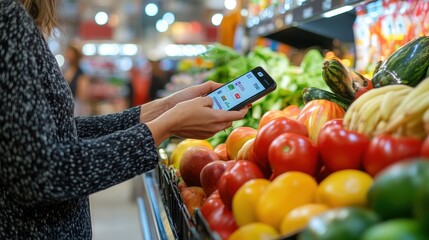 A shopper pays for groceries with a mobile app while browsing fresh produce
