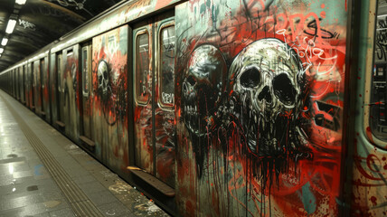 Graffiti-covered subway train with striking skull artwork