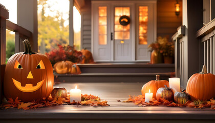 Obraz premium halloween porch scene pumpkins candles autumn leaves