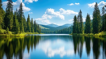 A serene lake surrounded by lush trees and mountains under a bright blue sky.