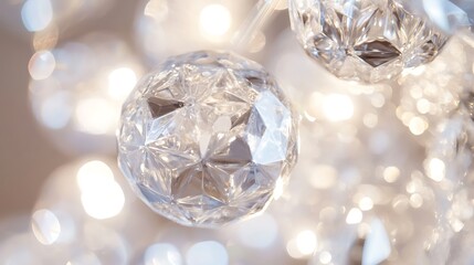 Closeup of a crystal ball hanging in a chandelier with blurred background.