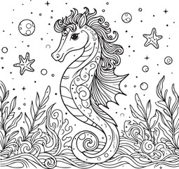 A sea horse line art coloring book illustration