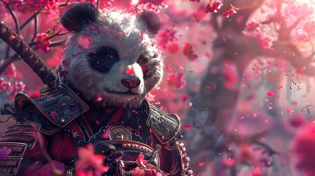 A Panda Warrior in Full Samurai Armor Surrounded by Pink Blossoms