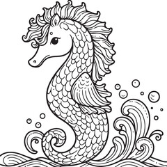 A sea horse line art coloring book illustration