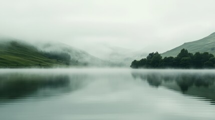 Fototapeta premium A serene lake surrounded by misty hills, reflecting the tranquil atmosphere.