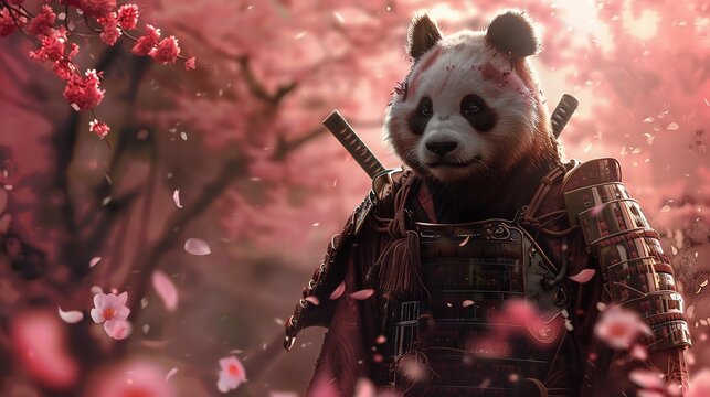A Panda Dressed as a Samurai Stands in a Shower of Cherry Blossoms