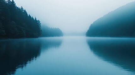 Fototapeta premium A serene lake surrounded by misty mountains, reflecting calm waters.