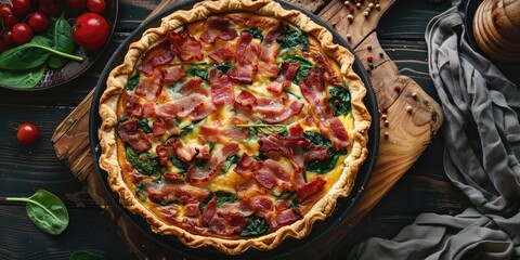 Top view of a homemade quiche lorraine pie filled with bacon and spinach